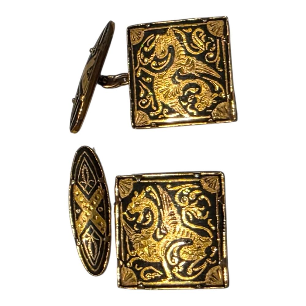 VTG Mens Cufflinks Spanish Damascene Winged Dragon Motif Square Gold on Black